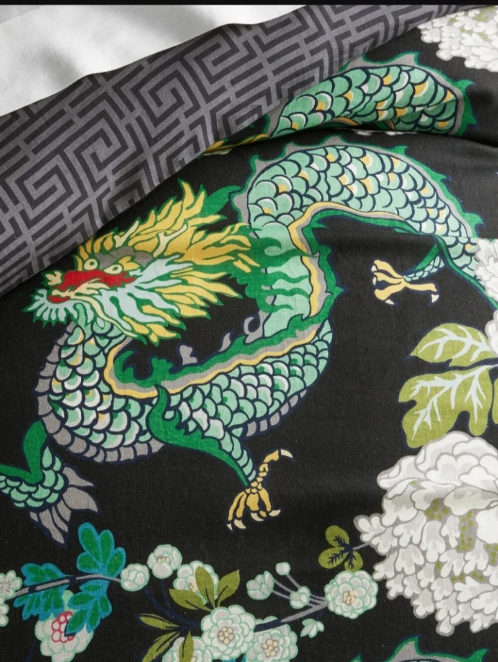 Schumacher QUEEN Duvet Chiang Mai Dragon Print Duvet Cover - Rare - 100% Linen